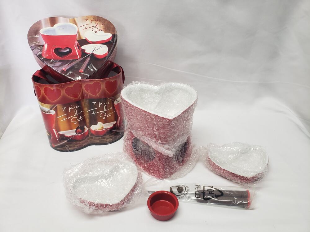 7 Piece Glass Red Heart Fondue Set - Beautiful Lover Set for Chocolate Cheese